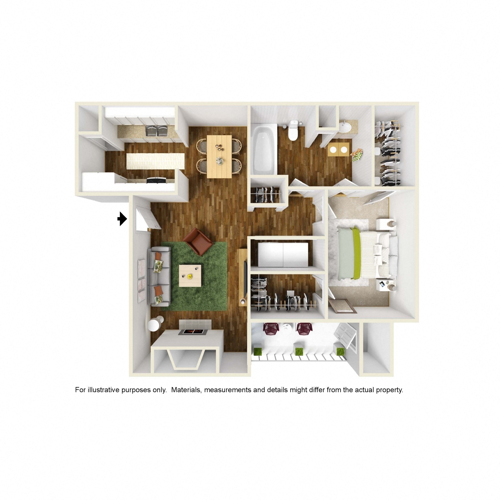 Floor plan for 1 bed, 1 bath, 749 sqft